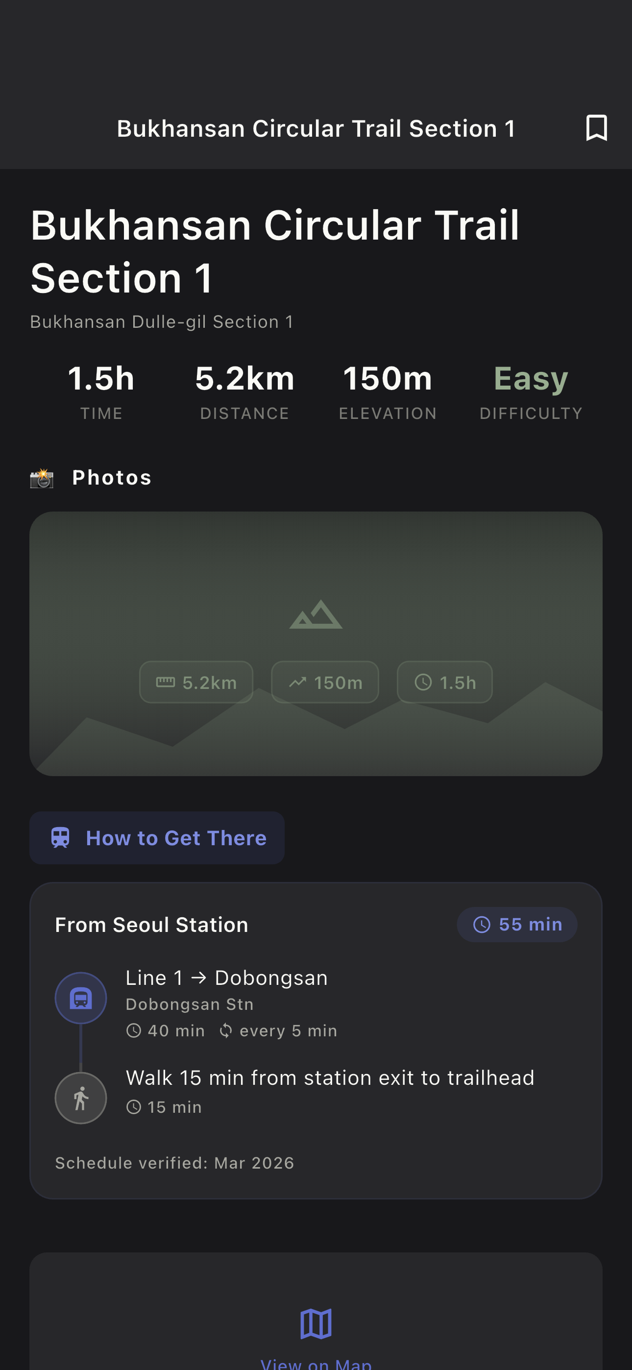 Trail detail with stats, transit directions, and tips